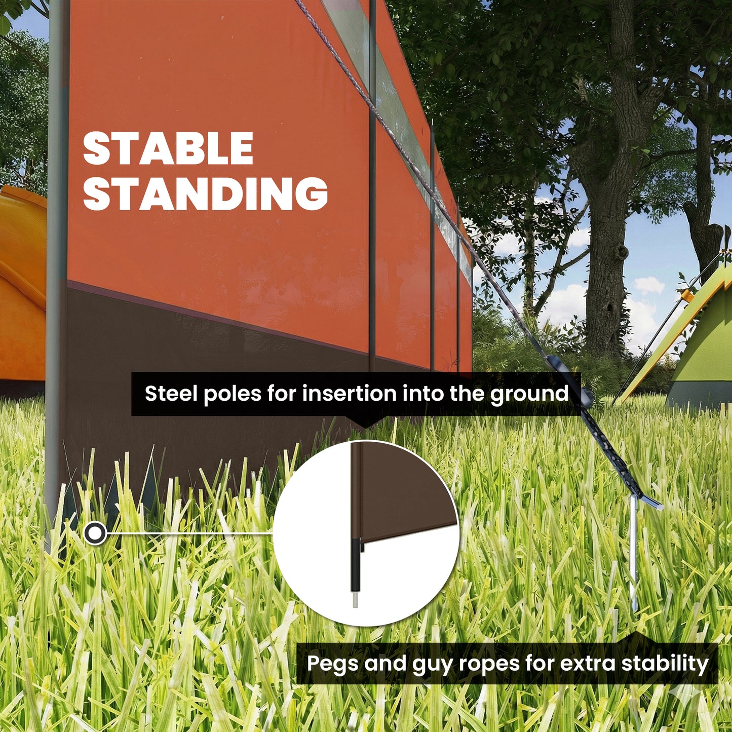 Camping Windbreaker with Clear Windows | 725x140cm | Steel Poles | 15 Stakes & 10 Guy Ropes | Beach & Caravan | Orange