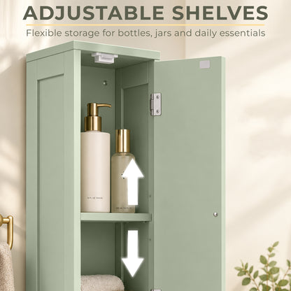 Slim Tall Bathroom Cabinet | 185H x 20W x 20D cm | 2 Arched Doors, Drawer & Adjustable Shelves | Light Green
