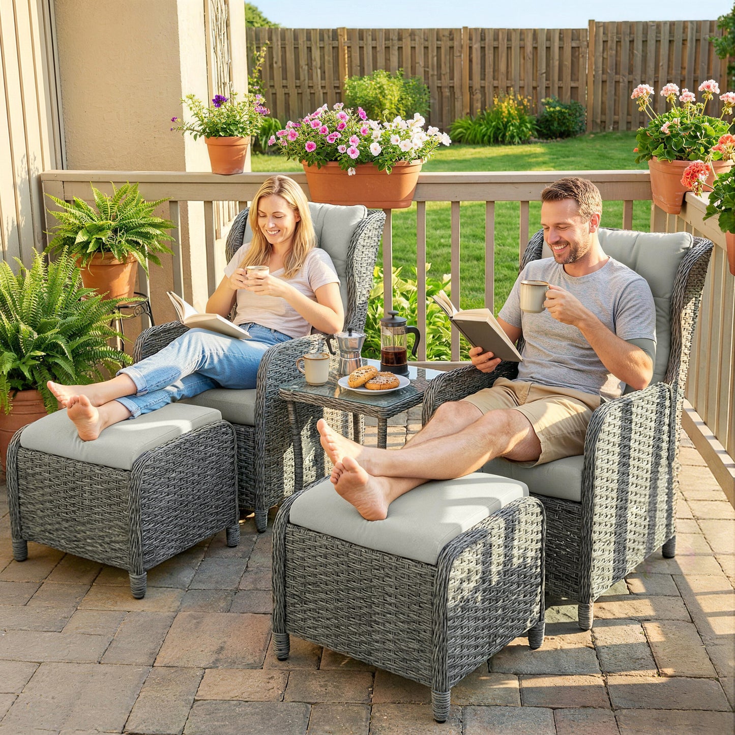 5 Piece Rattan Garden Furniture Set | 2 Reclining Chairs & 2 Footstools | Side Table | 90-135° Backrest | Aluminium Frame | Washable Cushions | 120kg | Cream White