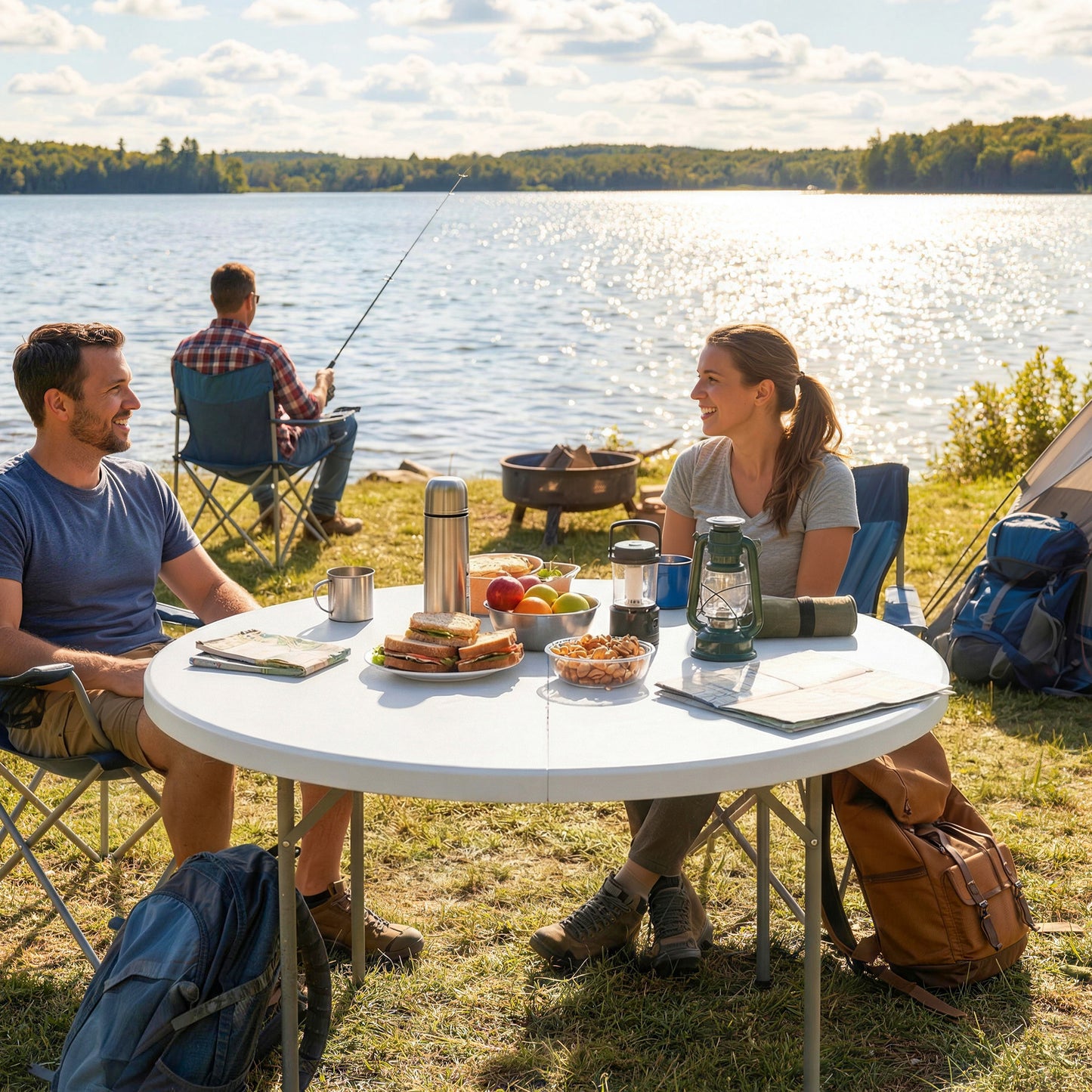 Folding Picnic Camping Table | 120x120cm | HDPE Top | Water Resistant | Powder Coated Frame | Anti-Slip Feet | 100kg | No Assembly | White