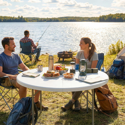 Folding Picnic Camping Table | 120x120cm | HDPE Top | Water Resistant | Powder Coated Frame | Anti-Slip Feet | 100kg | No Assembly | White