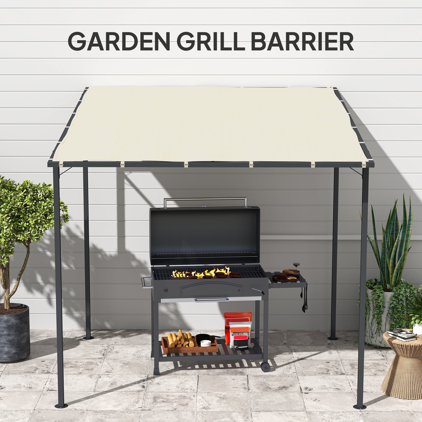 2.4 x 2.4 m Wall Mounted Pergola Gazebo with PA Coating Fabric and Metal Frame, UPF30+, Lean to Garden Gazebo, Wind Resistant Outdoor Sun Shade