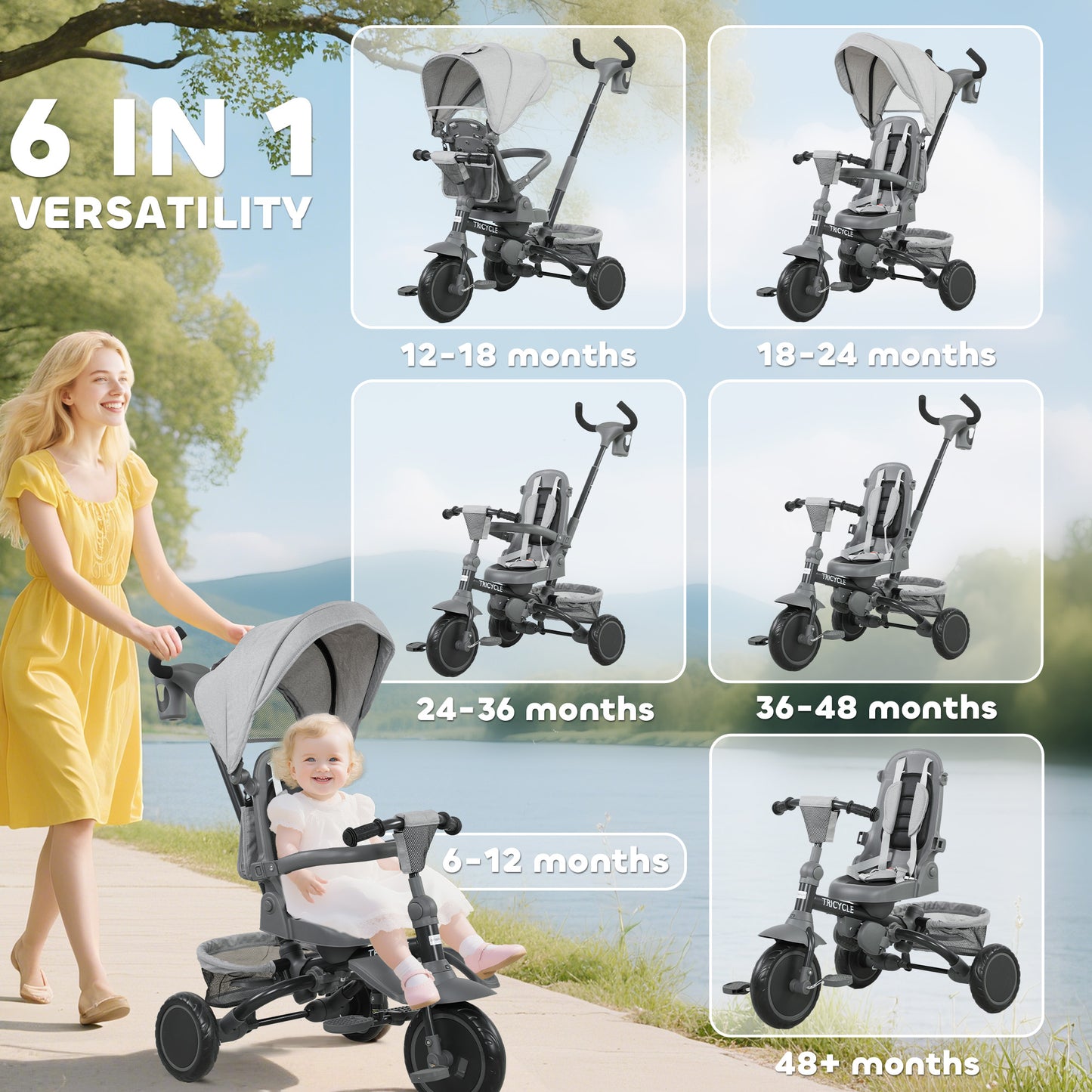AIYAPLAY 6 in 1 Foldable Kids Trike with Adjustable Parent Handle & Canopy for Ages 1-5, Grey / Black / Pink