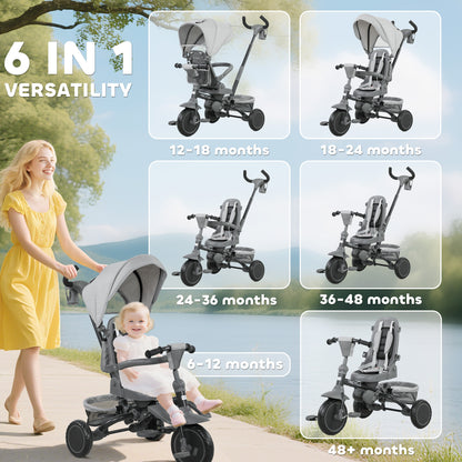 AIYAPLAY 6 in 1 Foldable Kids Trike with Adjustable Parent Handle & Canopy for Ages 1-5, Grey / Black / Pink