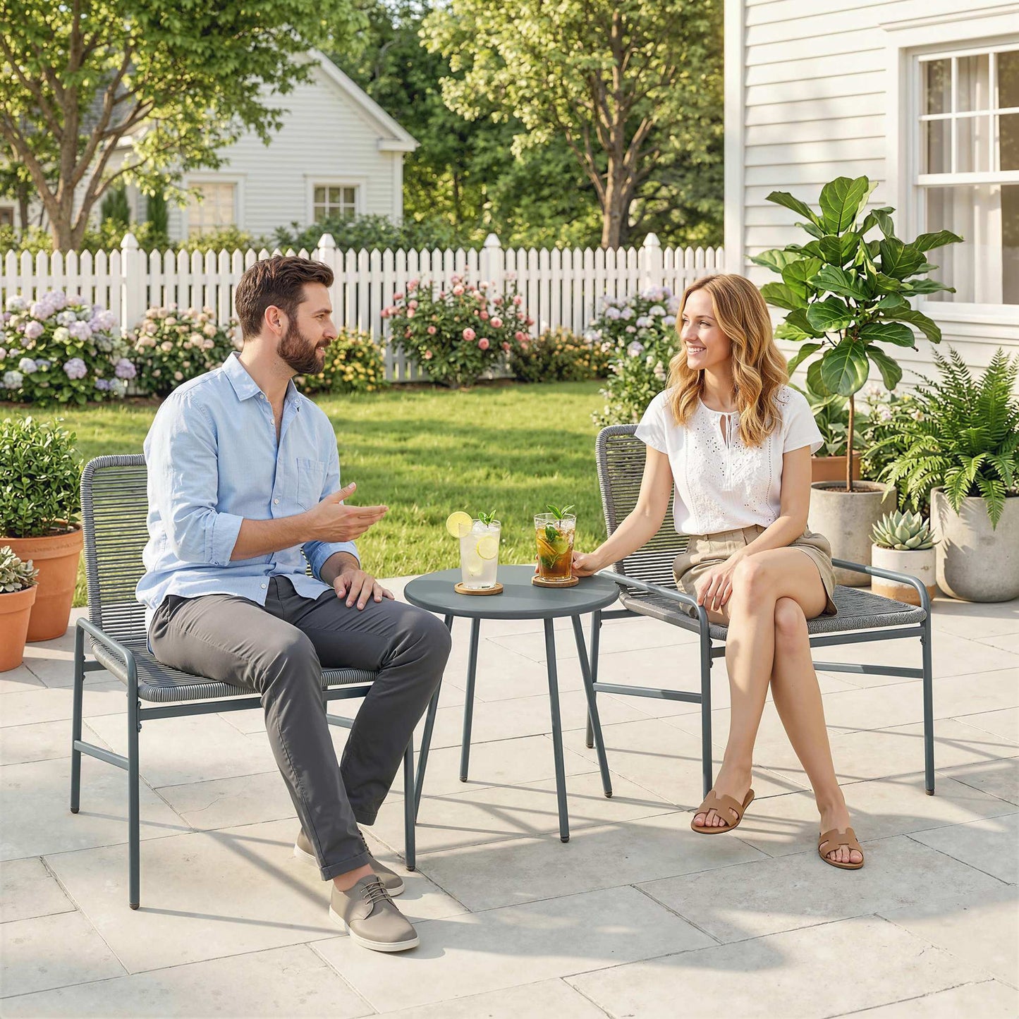 3-Piece Rattan Bistro Set | 2 Chairs & Round Table | Adjustable Feet | 120kg | Galvanised Steel | Dark Grey