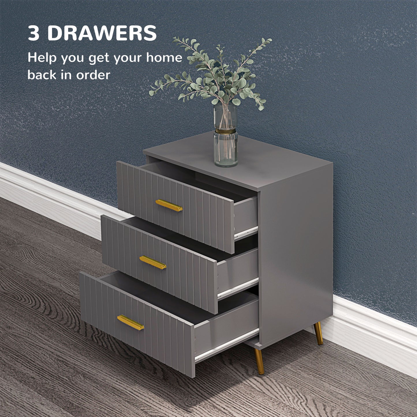 Bedroom Chest of Drawers, Modern 3-Drawer Dresser, Storage Drawer Unit with Aluminium Legs, Dark Grey