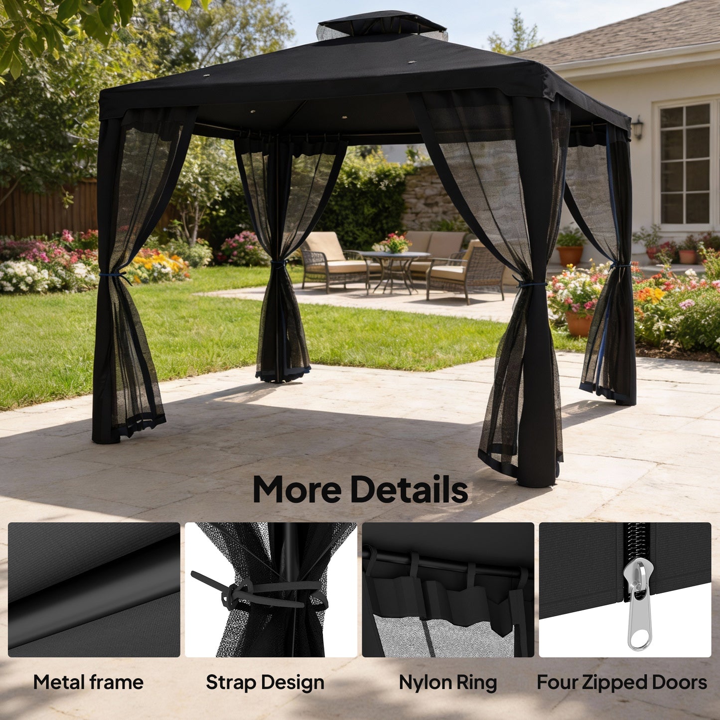 Outsunny 3 x 3 m Metal Gazebo, Garden Pavillion, Double Roof Outdoor Canopy Shelter with Mesh Sidewalls, Black