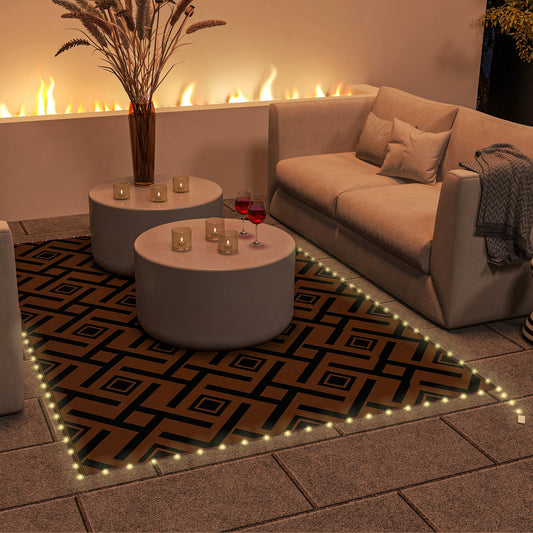 Outsunny Plastic Straw Reversible RV Outdoor Rug with LED String Light, 182 x 274cm, Brown and Black