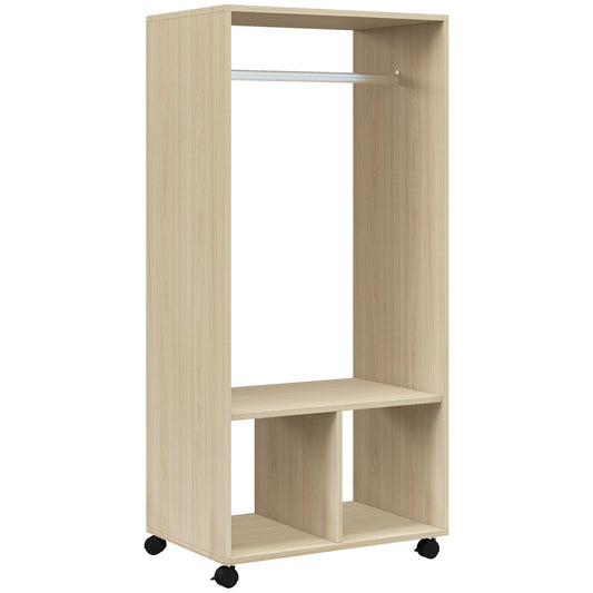 Open Wardrobe on Wheels | Clothes Hanging Rail | 2 Open Shelves | 4 Wheels 2 Lockable | 128x60x40cm | 25kg | Natural Wood Effect