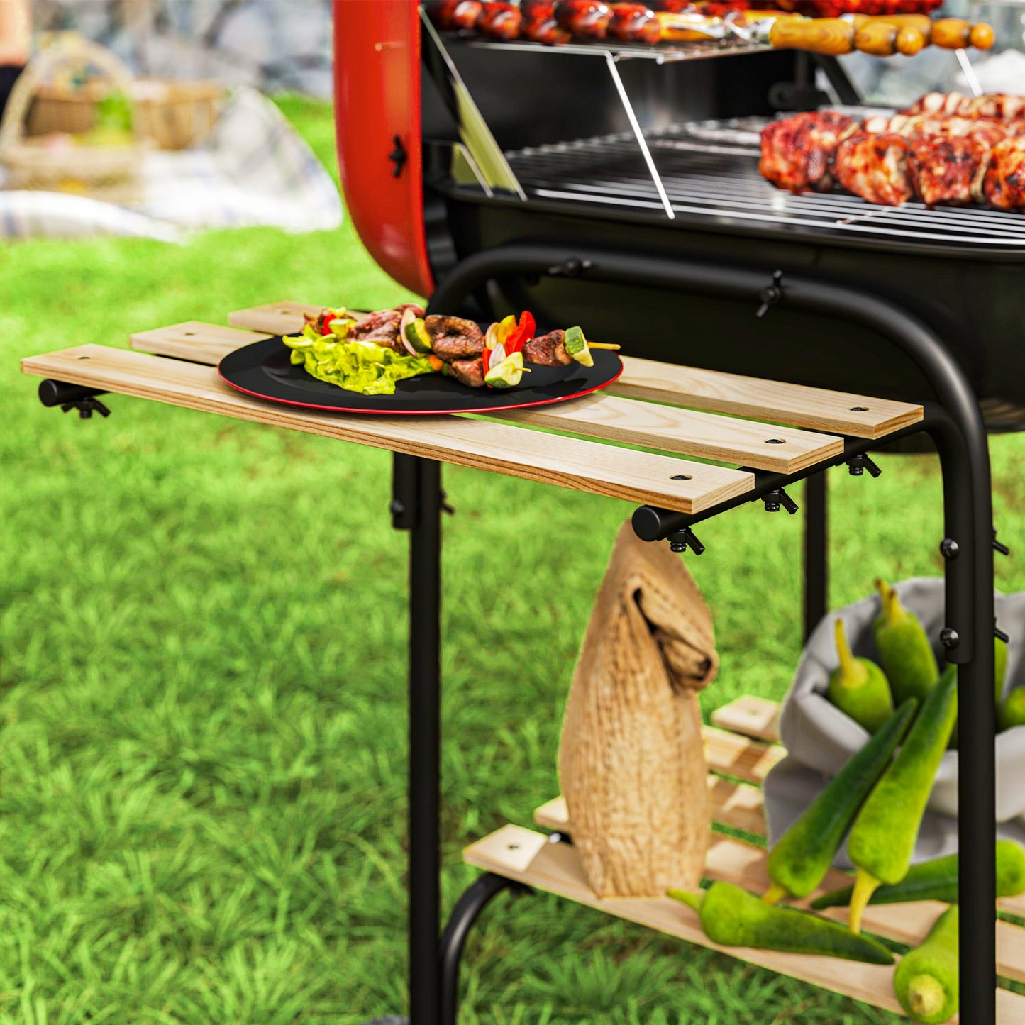 Charcoal Barbecue Grill Portable BBQ Grill with 1840 cm² Cooking Area, 3 Shelves, Adjustable Vent, Wheels for Outdoor Cooking, Garden Party