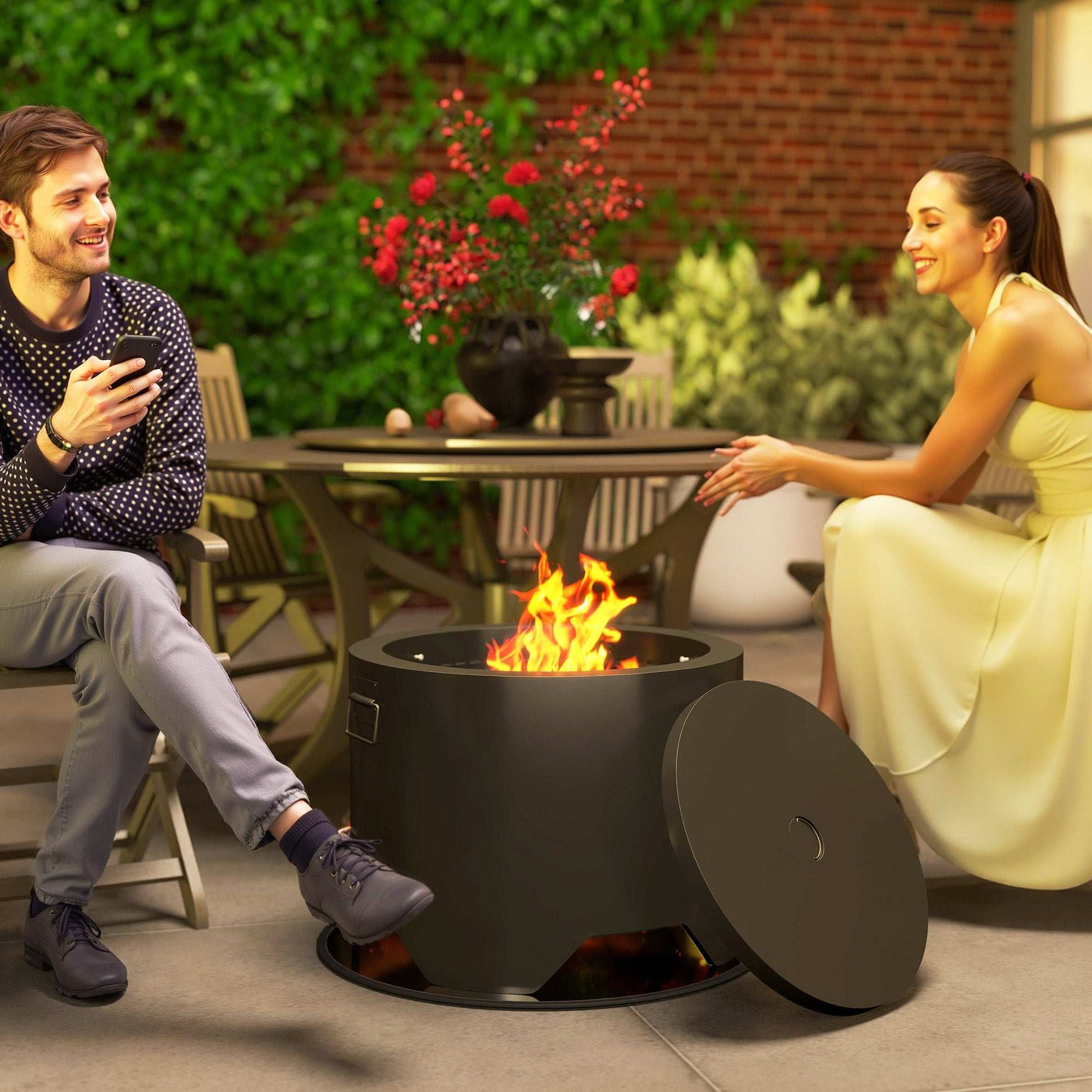 Outsunny Outdoor Round Fire Pit with Lid and Fire Poker - Black