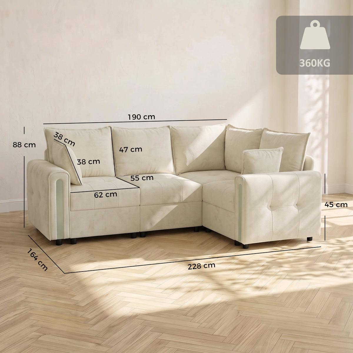 228cm Reversible L-Shaped Sofa | 3-Seater Velvet Corner Sofa with Lift-Up Storage | Deep Padded Seats & Wide Arms | Beige or Green