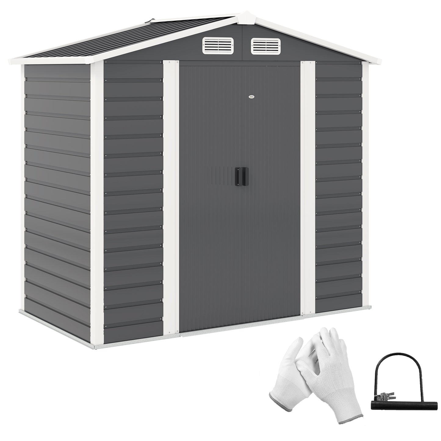7 x 4ft Metal Garden Shed, Galvanised Steel Shed W/ Double Lockable Doors, Vents and Gloves, Outdoor Tool Storage Shed for Garden, Patio, Dark Grey