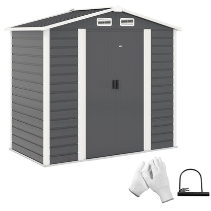 7 x 4ft Metal Garden Shed, Galvanised Steel Shed W/ Double Lockable Doors, Vents and Gloves, Outdoor Tool Storage Shed for Garden, Patio, Dark Grey