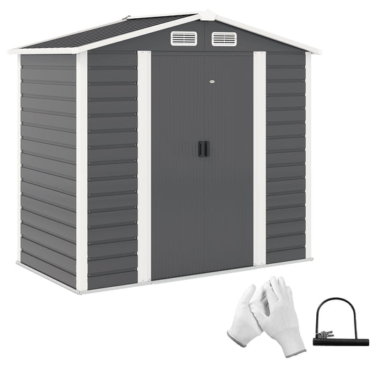 7 x 4ft Metal Garden Shed, Galvanised Steel Shed W/ Double Lockable Doors, Vents and Gloves, Outdoor Tool Storage Shed for Garden, Patio, Dark Grey
