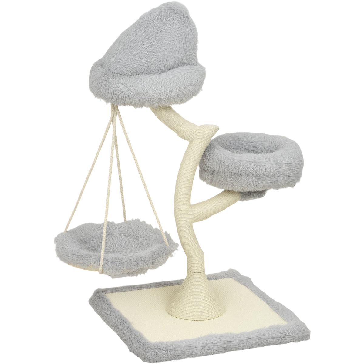 PawHut 115cm Modern Cat Tree | Branch-Style Sisal Scratching Post | 2 Washable Beds & Hanging Hammock | 60cm Base | Light Grey | For 1 Cat up to 6kg