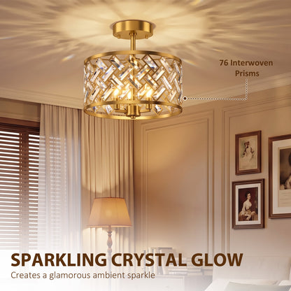 3-Light Crystal Drum Ceiling Light | 76 Crystal Prisms | 3x E14 Sockets | Electroplated Gold-Tone Frame | 39Dx34H cm | Max 40W per Bulb | LED Compatible | Ceiling >2.3m | Bulbs Not Included | Gold Tone