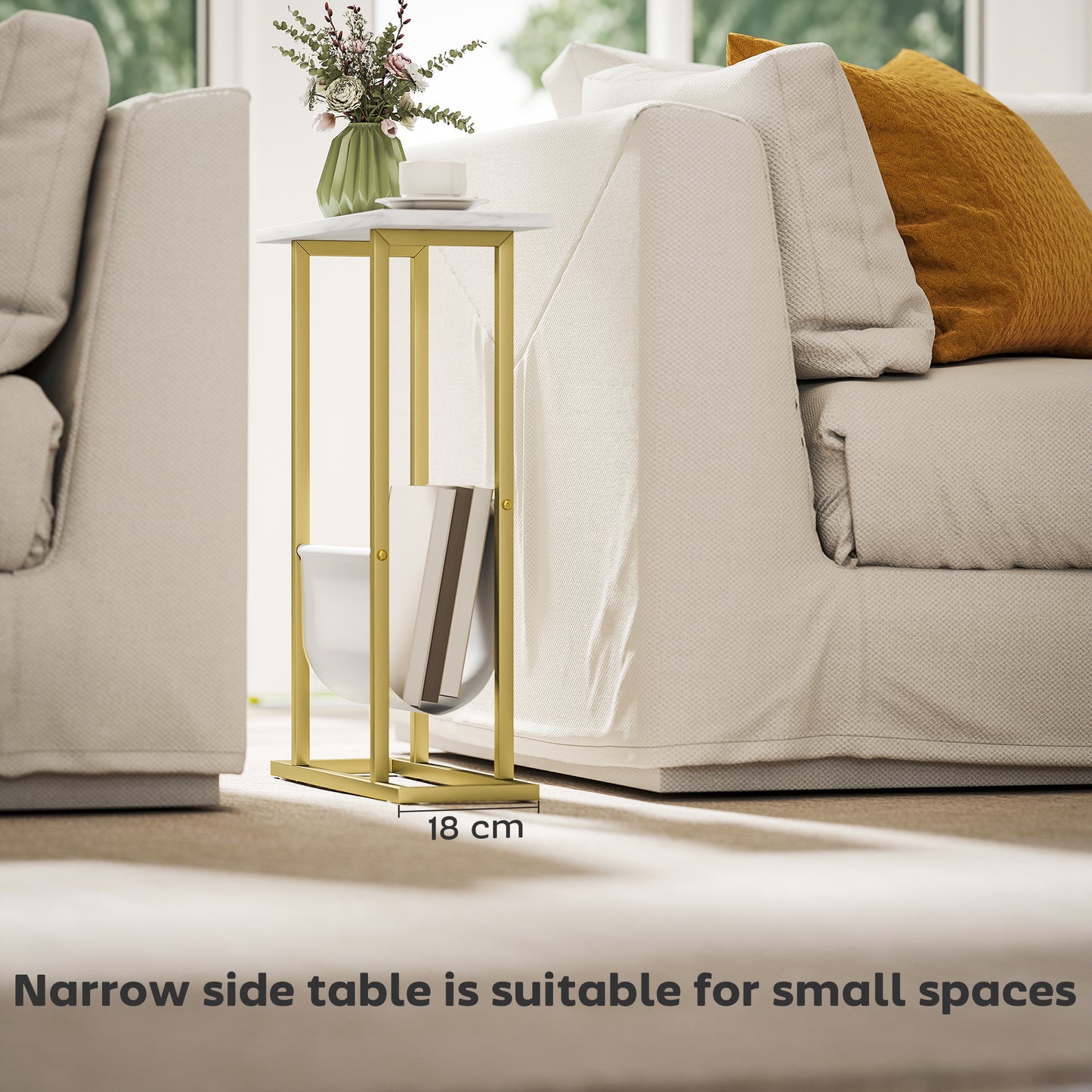 Narrow Side Table, End Table with Magazine Holder, Nightstand for Small Spaces, Living Room, Bedroom, White Marble Grain