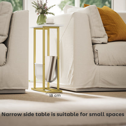 Narrow Side Table, End Table with Magazine Holder, Nightstand for Small Spaces, Living Room, Bedroom, White Marble Grain
