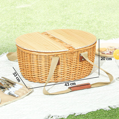 Wicker Picnic Basket for 2 with Pine Wood Lid, Picnic Hamper with Cooler Compartment, Cutlery Service Kits, Carry Handle for Camping, Outdoors
