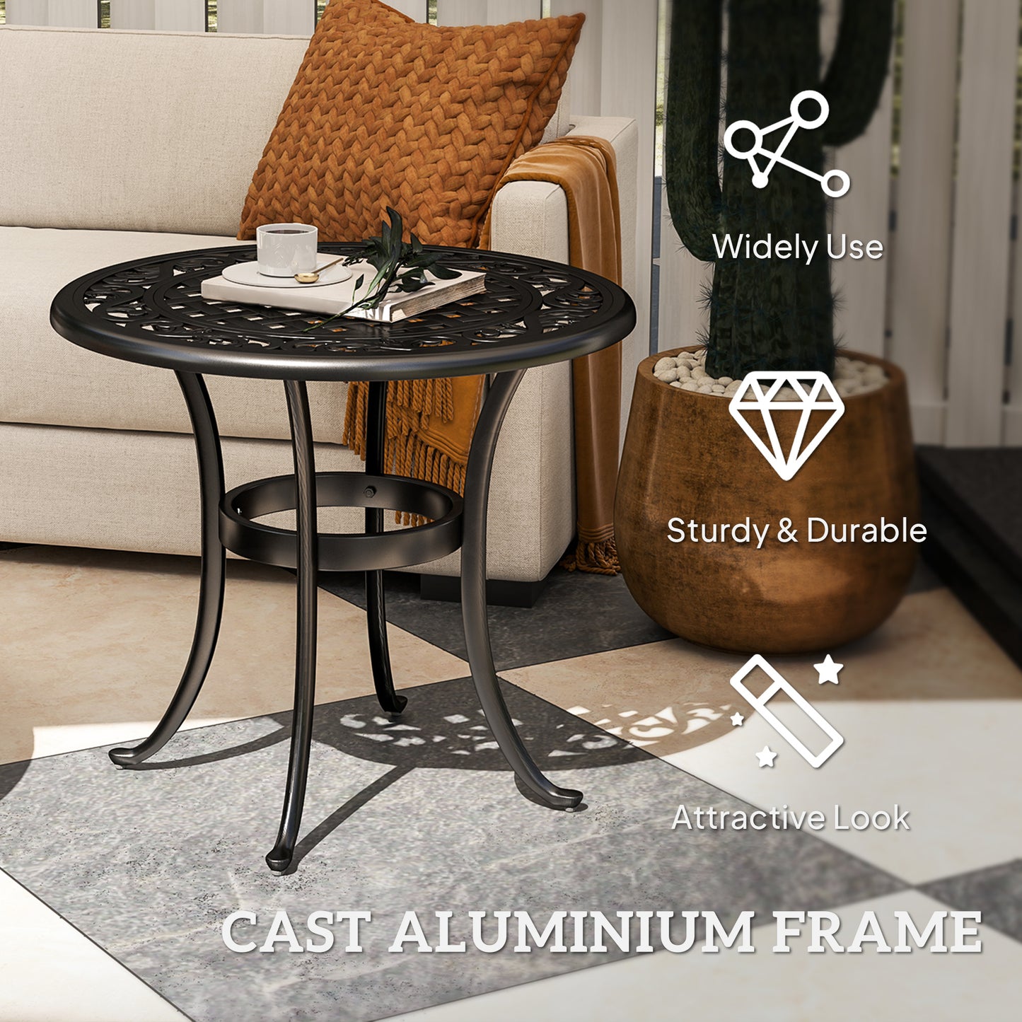 60cm Round Cast Aluminium Garden Side Table | Decorative Cut-Out Top | Curved Legs | 60kg | Black