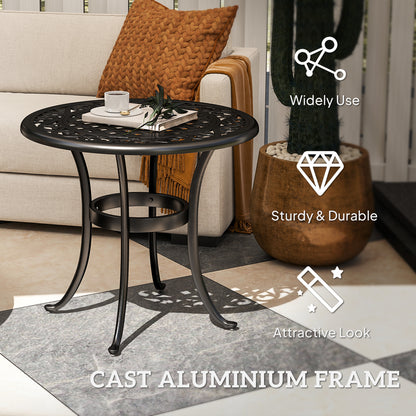 60cm Round Cast Aluminium Garden Side Table | Decorative Cut-Out Top | Curved Legs | 60kg | Black