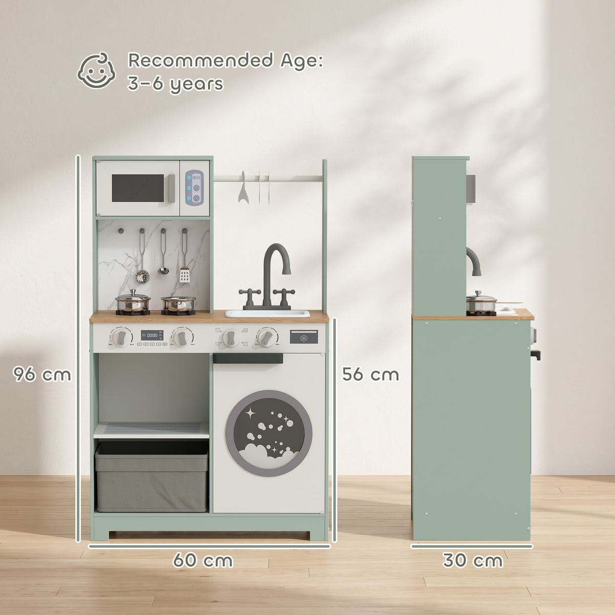 Kids Play Kitchen Playset | Stove, Sink, Microwave & Laundry | Sound Knobs | Ice Maker | 5-Piece Accessories | Ages 3–6 | Green