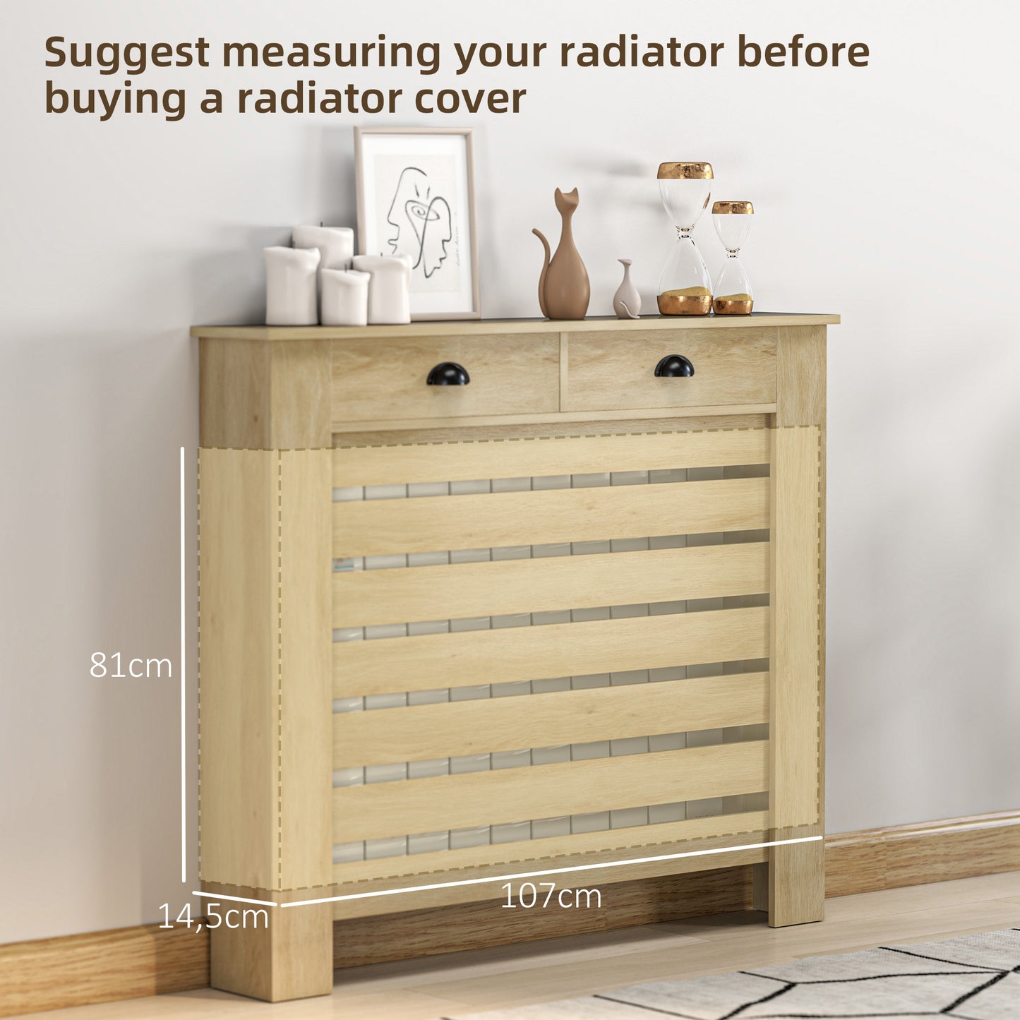 MDF & Particle Board Radiator Cover with 2 Drawers | Slatted Design | Skirting Board Cut-Outs | Easy-Fix Clips | Wood-Effect Top | 4kg Per Drawer | 111x19x95.5cm | Oak
