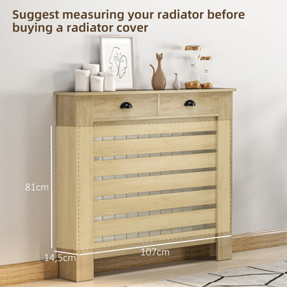 MDF & Particle Board Radiator Cover with 2 Drawers | Slatted Design | Skirting Board Cut-Outs | Easy-Fix Clips | Wood-Effect Top | 4kg Per Drawer | 111x19x95.5cm | Oak