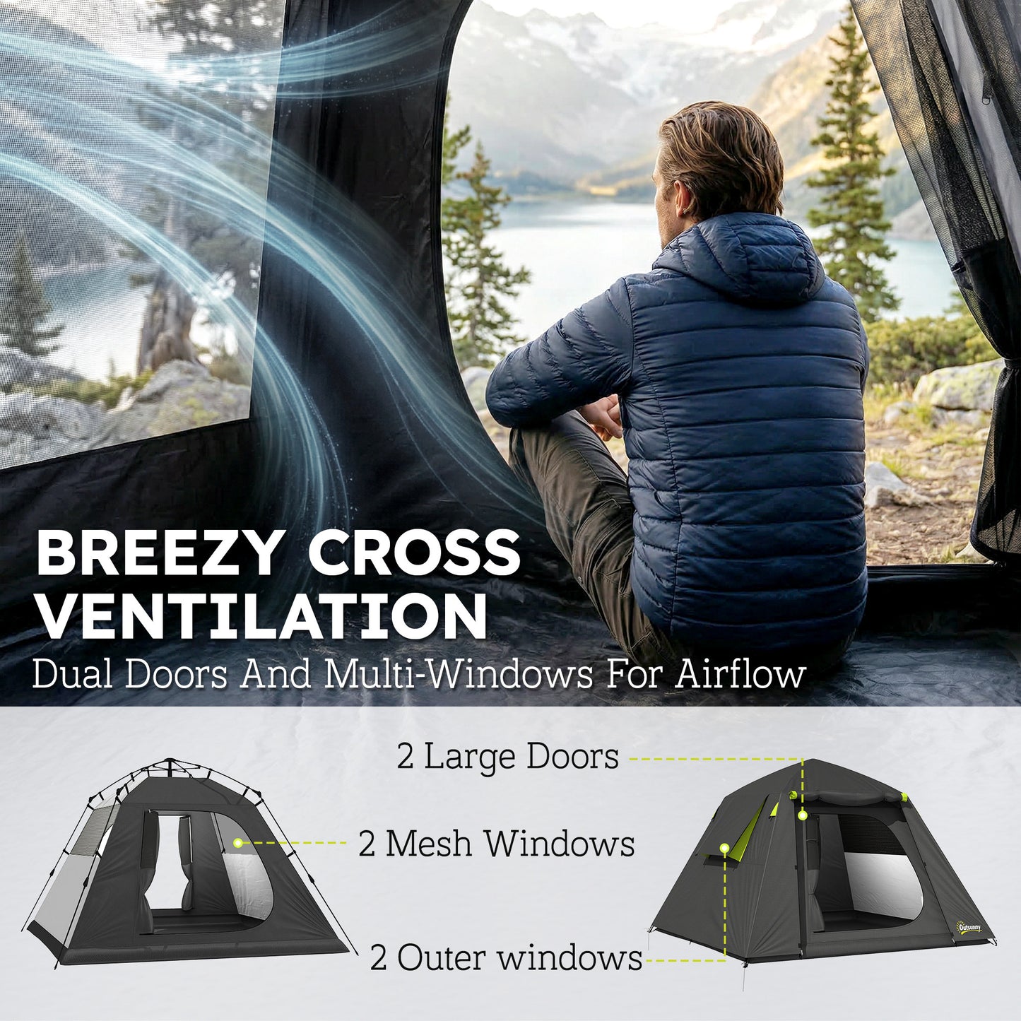 2-Person Camping Tent | 3000mm Waterproof | 190T Polyester | 2 Doors & 2 Windows | Fibreglass Poles | Grey & Green
