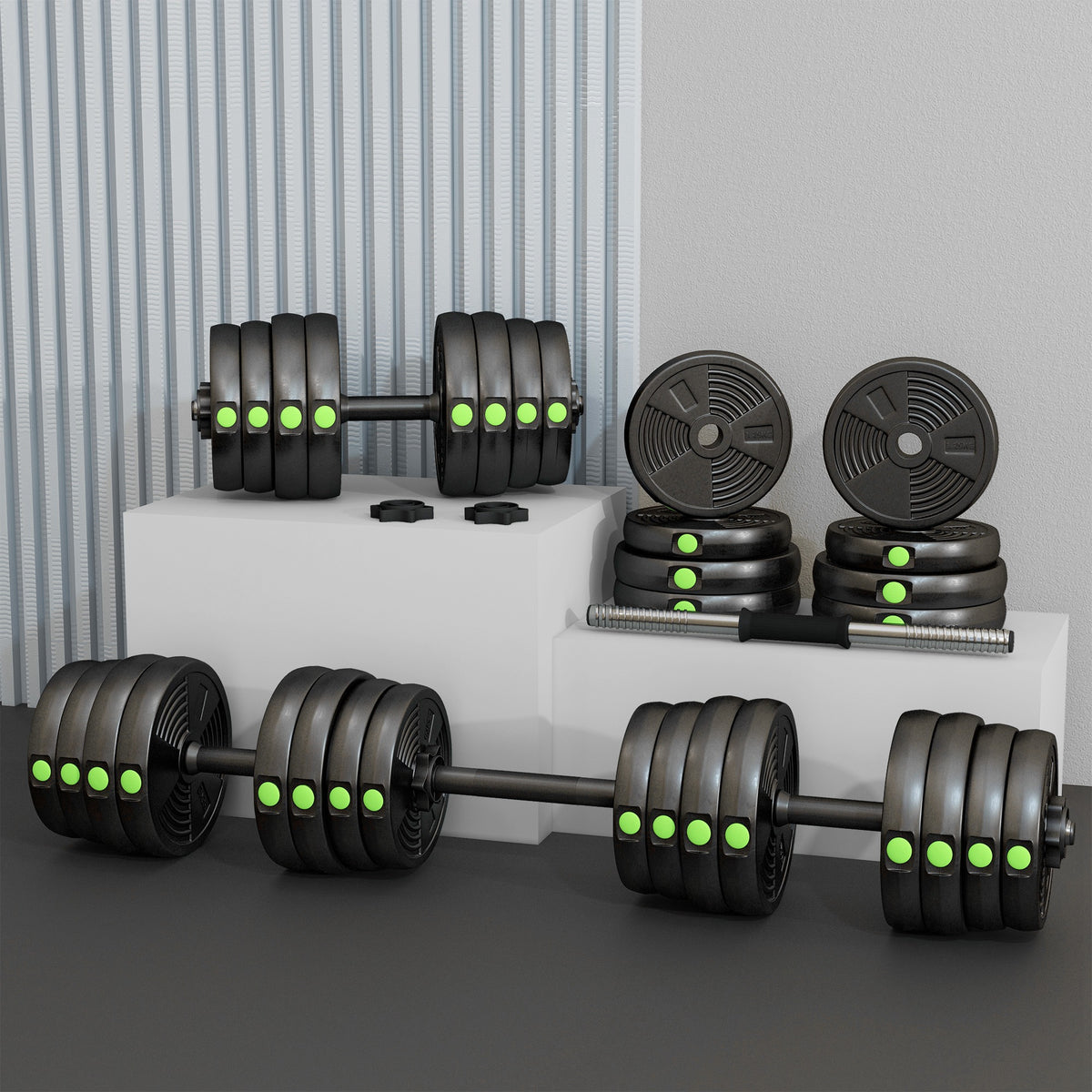 SPORTNOW 2-in-1 Adjustable Barbell & Dumbbell Set | Black & Green | 16 Weight Plates | 2.5kg 2kg 1.5kg 1.25kg | Barbell 105cm | Non-Slip Grips | Plastic-Coated | Home Gym Strength Training