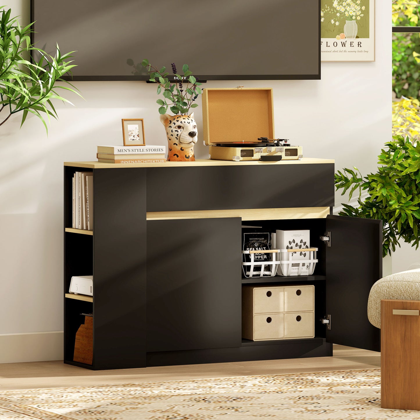 Sideboard & Storage Cabinet | Divided Drawer | 3 Open Shelves | Adjustable Cabinet Shelf | Anti-Tip | 60kg | Black