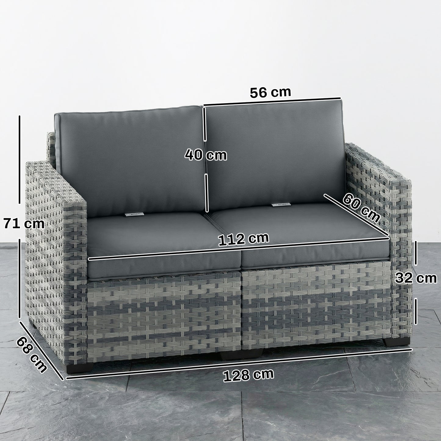 2-Seater PE Rattan Garden Sofa | 60cm Deep Seat | 8cm Seat & 15cm Back Cushions | Wide Armrests | Powder-Coated Steel Frame | Adjustable Foot Pads | 240kg Capacity | 128x68x71cm | Mixed Grey