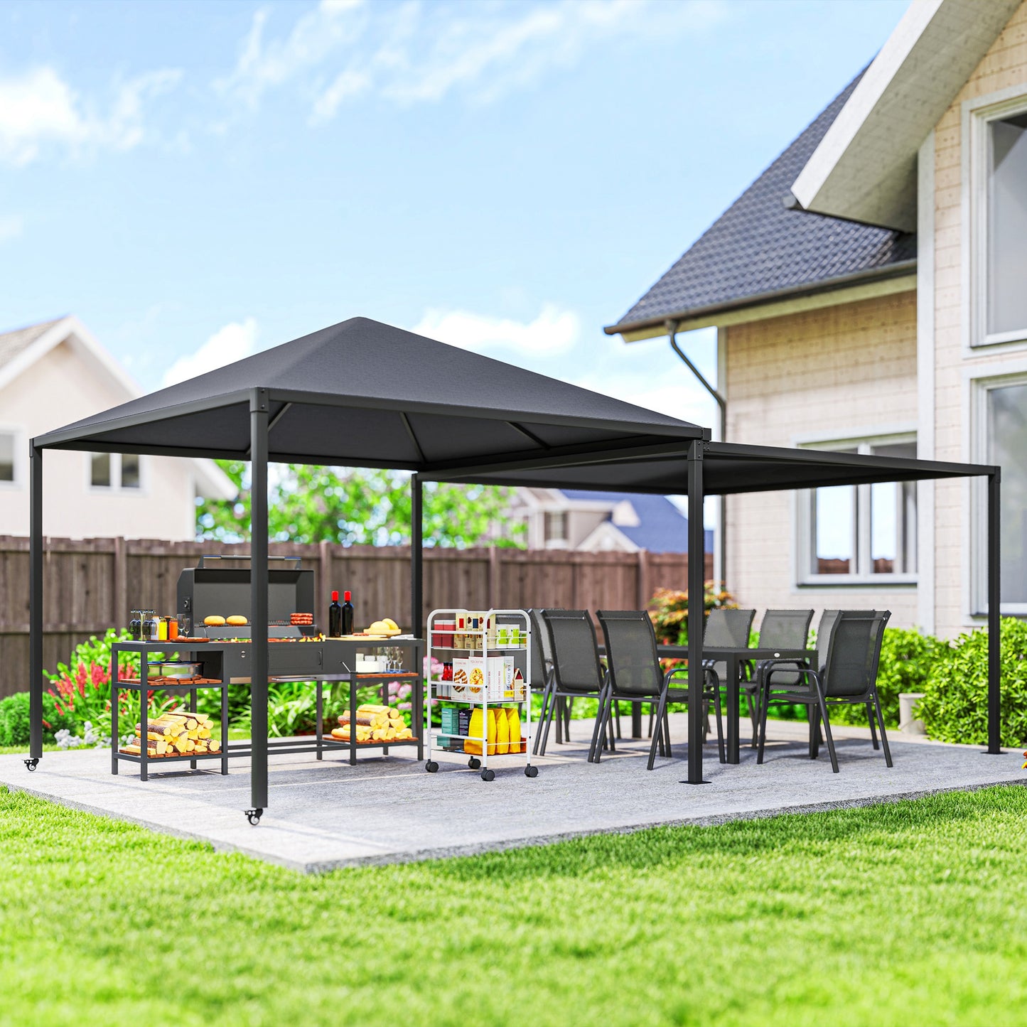 Outsunny 3 x 3 or 3 x 6m Garden Gazebo with Extendable Awning and Wheels, UPF30+ Outdoor Metal Gazebo Canopy Shelter for BBQ, Event, Party