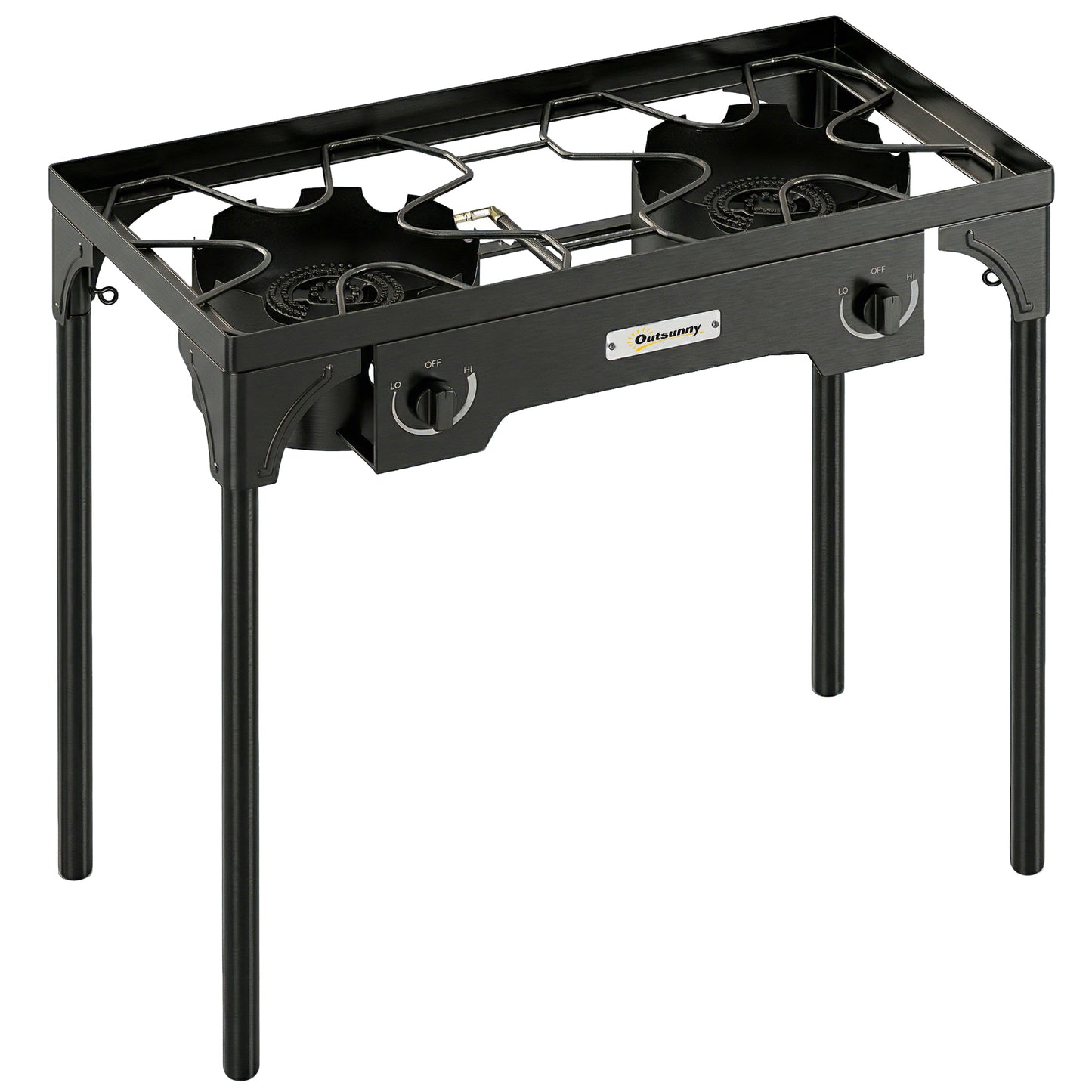 Outsunny Double Burner Camping Stove – 150,000 BTU High-Pressure Propane Gas Stove, Detachable Legs, Individual Heat Control, Regulator & Hose Included – Black