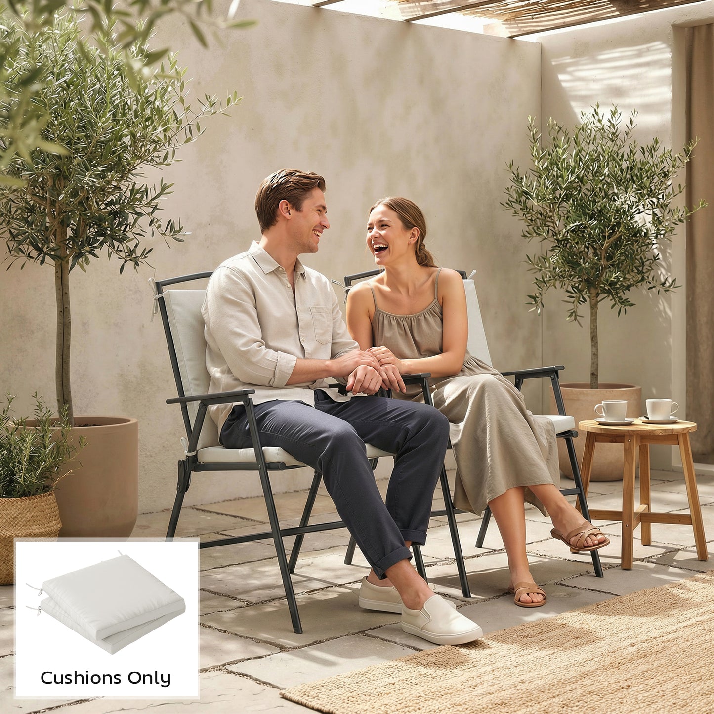 Set of 2 Garden Seat Cushions | 7cm High Density Foam | 50x50cm | Water Resistant | UV30+ | Fire Retardant | Zip Off Covers | Securing Ties | Cream White
