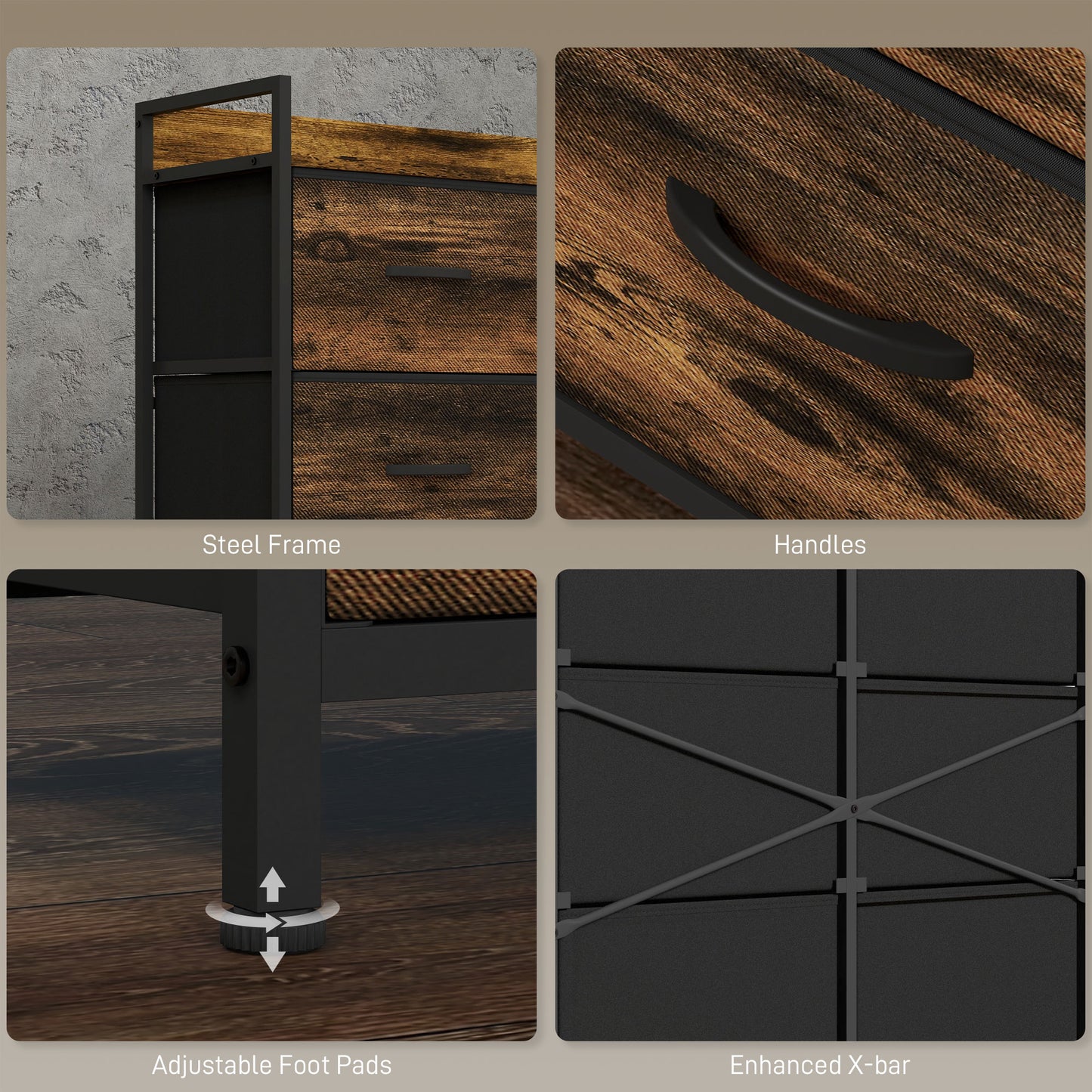 Retro Style Rustic Chest of Six Fabric Storage Drawers - Brown Wood Effect