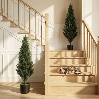 Set of 2 Artificial Cypress Trees | 120cm | 1092 PE Leaves | Shapeable Branches | Cement Base | No Maintenance | Green