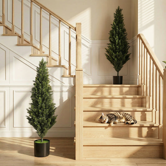 Set of 2 Artificial Cypress Trees | 120cm | 1092 PE Leaves | Shapeable Branches | Cement Base | No Maintenance | Green