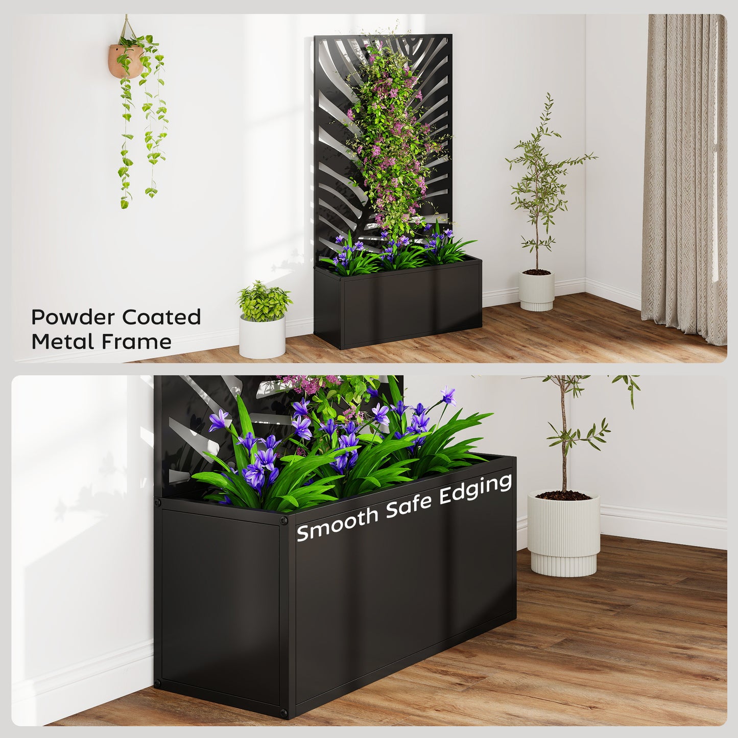 Metal Raised Planter with Large Leaf Cut-Out Trellis & Privacy Screen | Wall Mounted or Freestanding | 29L Soil | 50kg | Powder-Coated | 61x23x113cm | Climbing Plants | Black