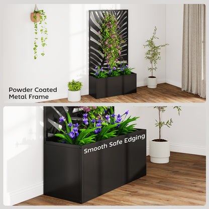 Metal Raised Planter with Large Leaf Cut-Out Trellis & Privacy Screen | Wall Mounted or Freestanding | 29L Soil | 50kg | Powder-Coated | 61x23x113cm | Climbing Plants | Black