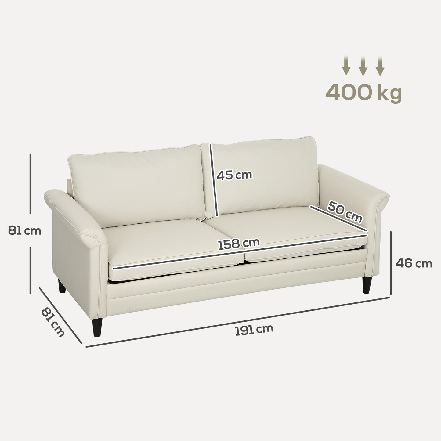 3 Seater Sofa, Modern Fabric Sofa Couch with Spring Cushion, Rubber Wood Legs, 191cm Upholstered Settee for Living Room, Bedroom, Office