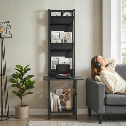 Vinyl Record Player Stand | 4 Oxford Fabric Sling Shelves | 40 CD Capacity | Industrial Black Metal Frame | Anti-Tip Hardware | Adjustable Feet | 23kg Total Capacity | 50x48.5x144cm | Black