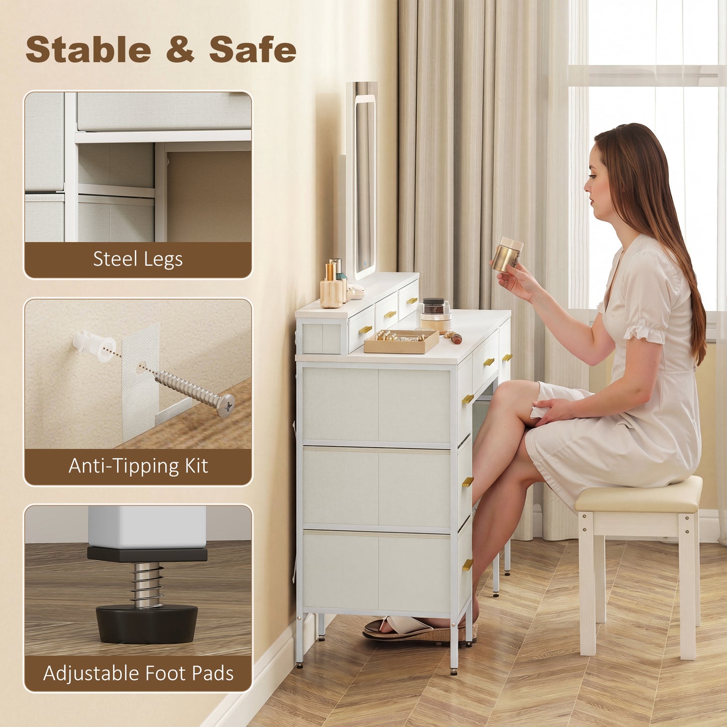 Dressing Table with LED Mirror | 10 Fabric Drawers | Gold Handles | 3 Light Modes | Anti-Tip | White