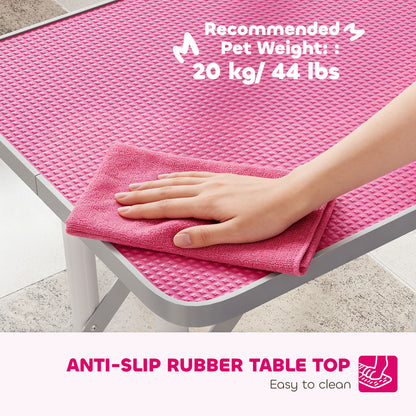 Foldable Dog Grooming Table | Non-Slip Rubber Top | Adjustable Arm 20-60cm | 20kg | Pink