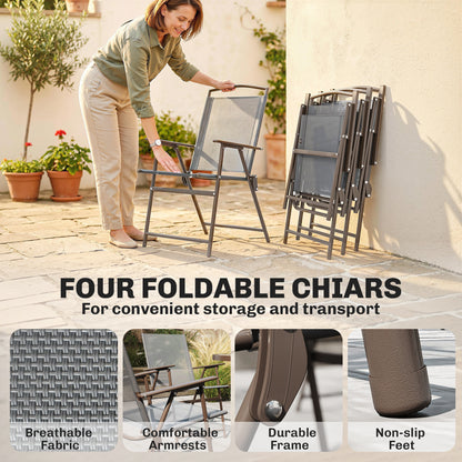 6-Piece Garden Dining Set with Parasol | 4 Folding Mesh Chairs | Glass Table | Ø170cm Parasol | Dark Grey