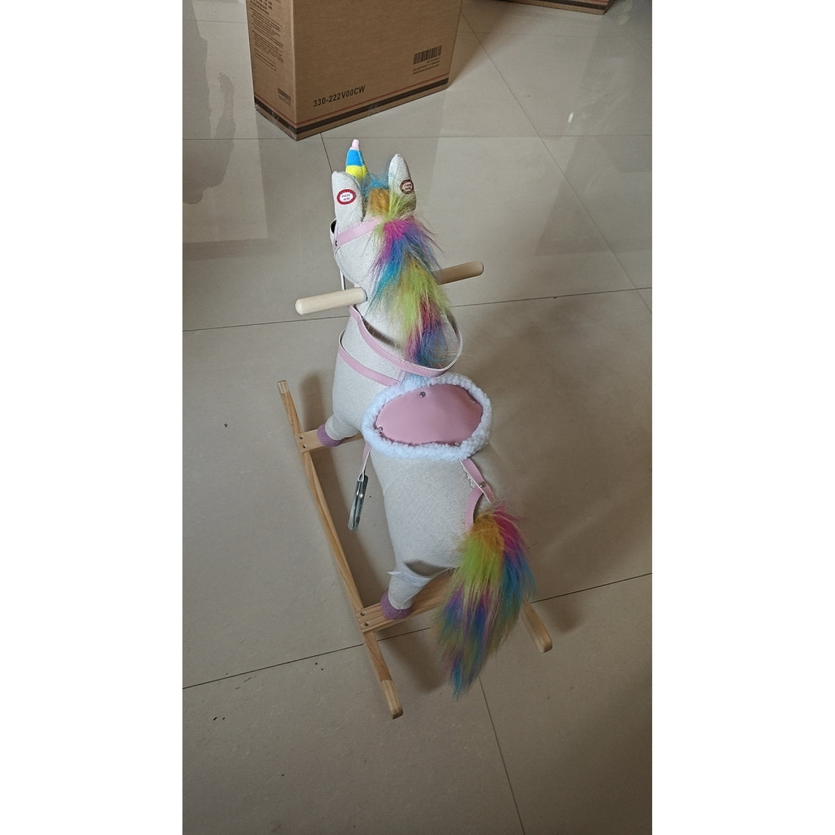 Kids Rocking Horse Unicorn with Sound Button | Wide Anti-Tip Base & Rocking Stoppers | Head Handles | Fixed Wood Footrests | Faux Linen & PP Cotton | 25kg Max | 71x30x68cm | Ages 12–36 Months | Cream