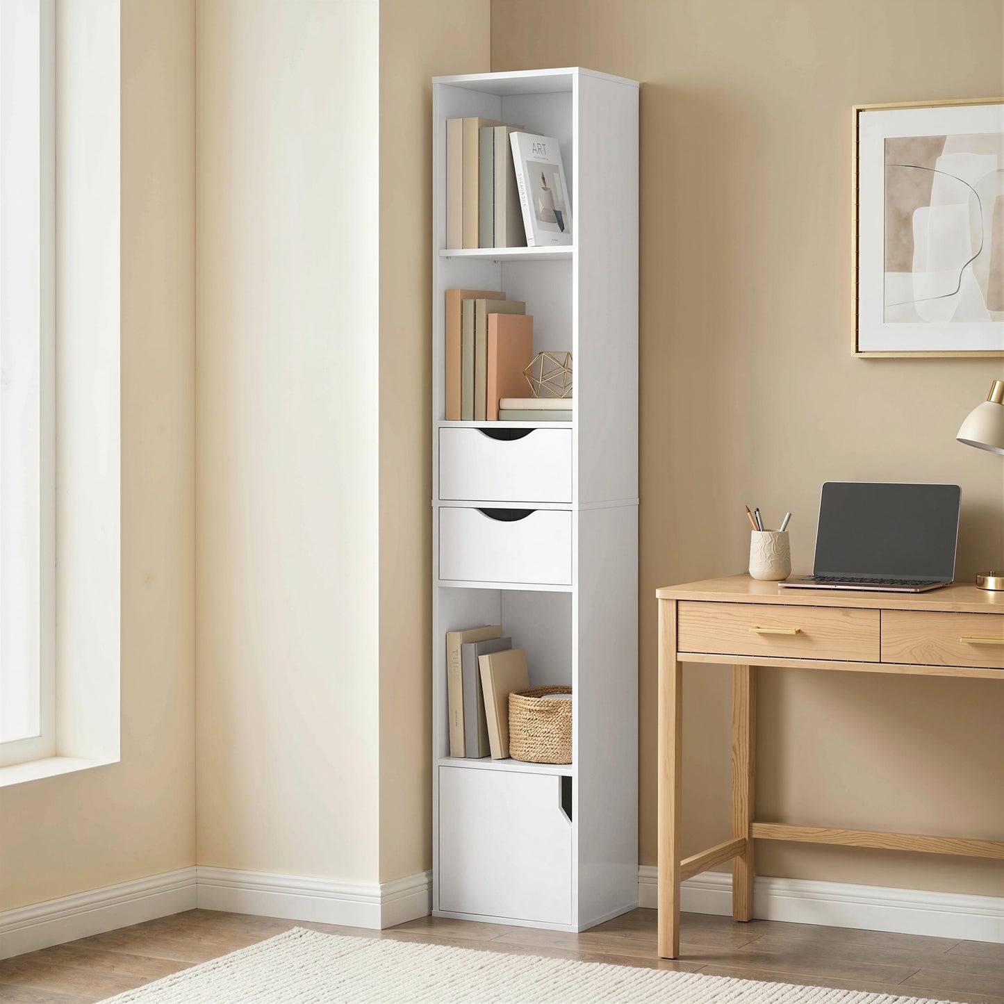 Bookcase with Drawers Adjustable Shelf Bookshelf with 2 Drawers and Cabinet 158cm, White / Grey
