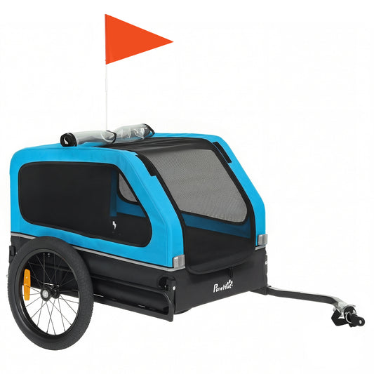 Dog Bike Trailer | Flip-Down Ramp Tailgate | 16" Pneumatic Tyres | Front Door Threshold | Reflectors & Flag | Quick-Release Frame | Dogs up to 20kg | 138 x 69 x 70cm | Blue