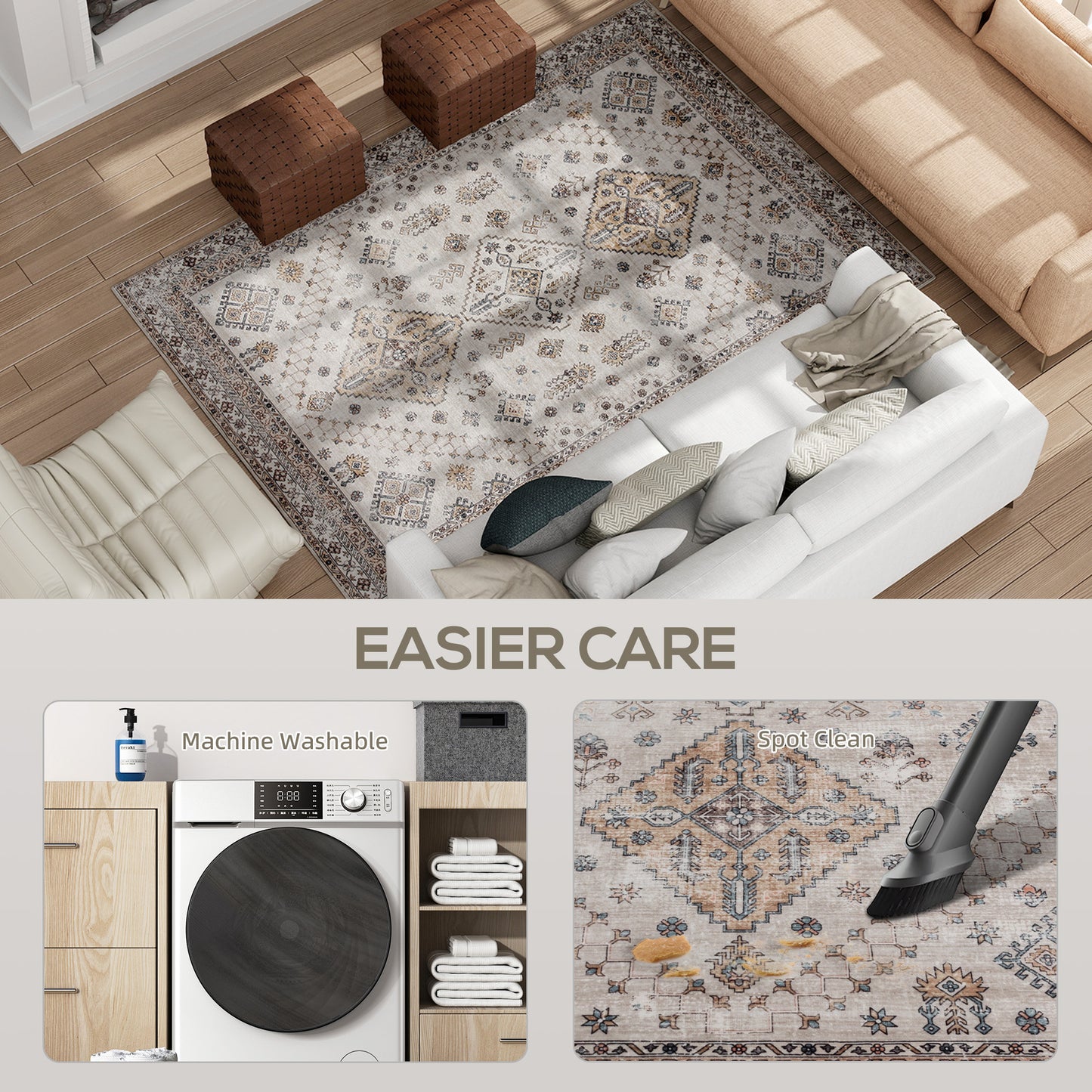 Vintage Retro Style Area Rug, Non-Slip Washable Rug, Flannel Floor Carpet for Living Room, Bedroom, Dining Room, Home Office, 230 x 160 cm, Beige
